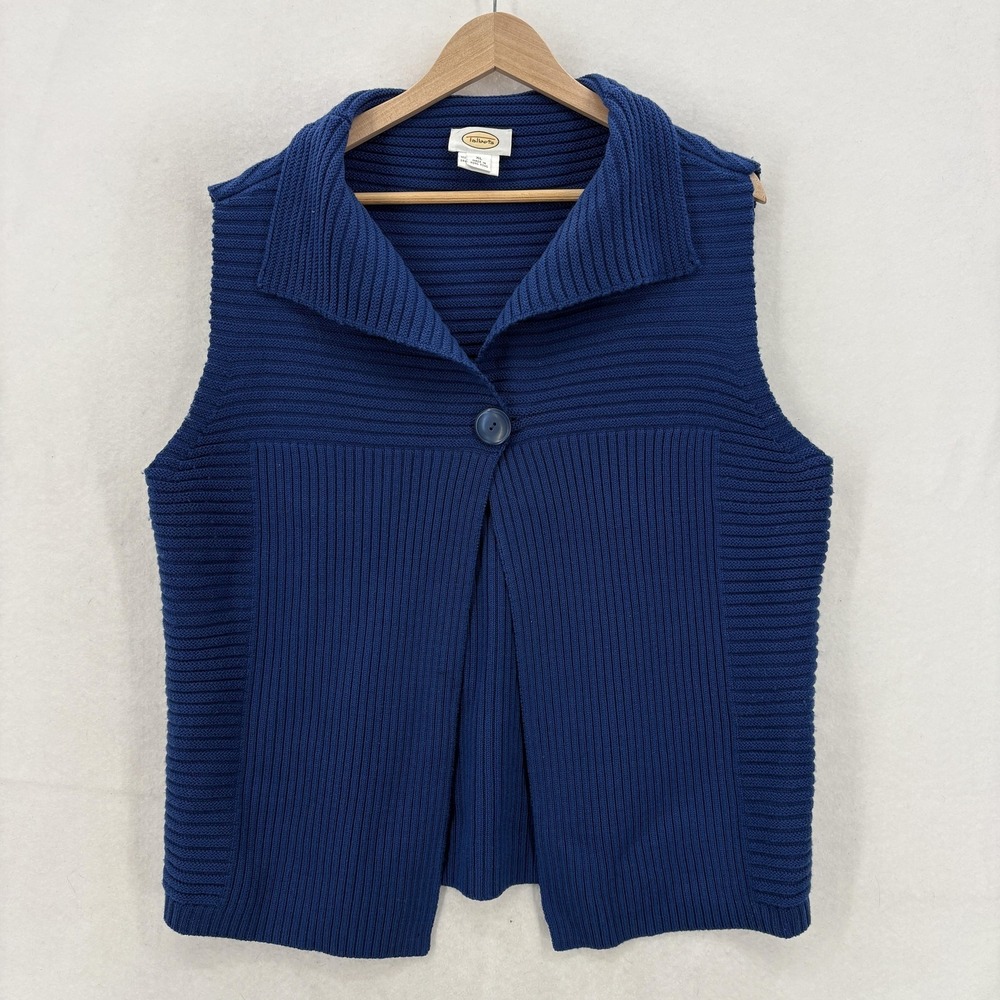 Talbots Sweater Vest Womens XL Blue 100% Merino Wool Collared Button Knit 90s